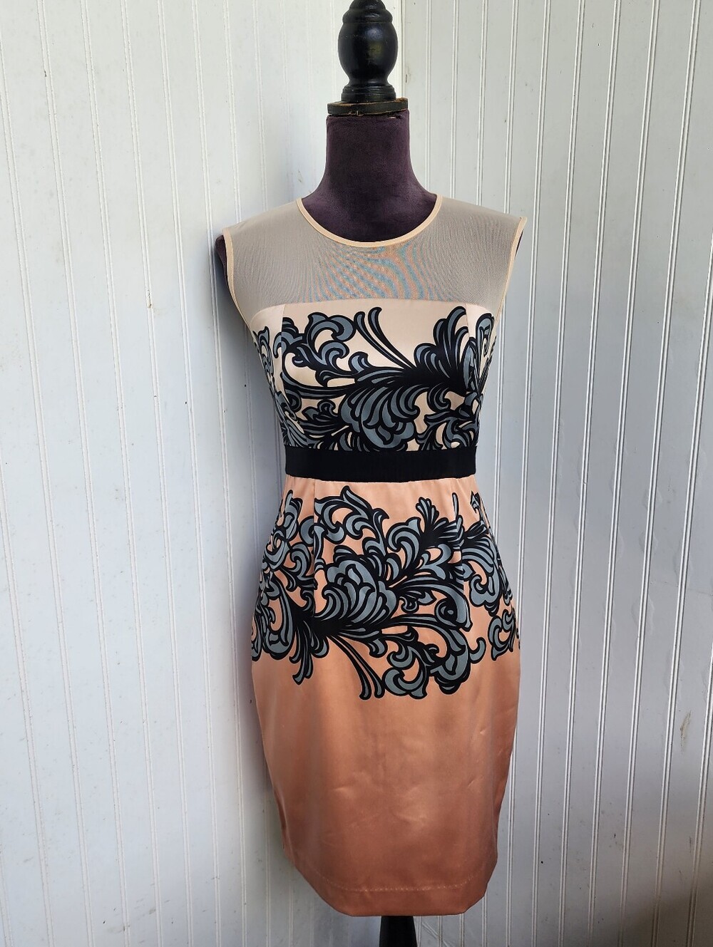 New York Company Peach Cream Black Bodycon Satin Dress Stretch Sleveless Mesh 0